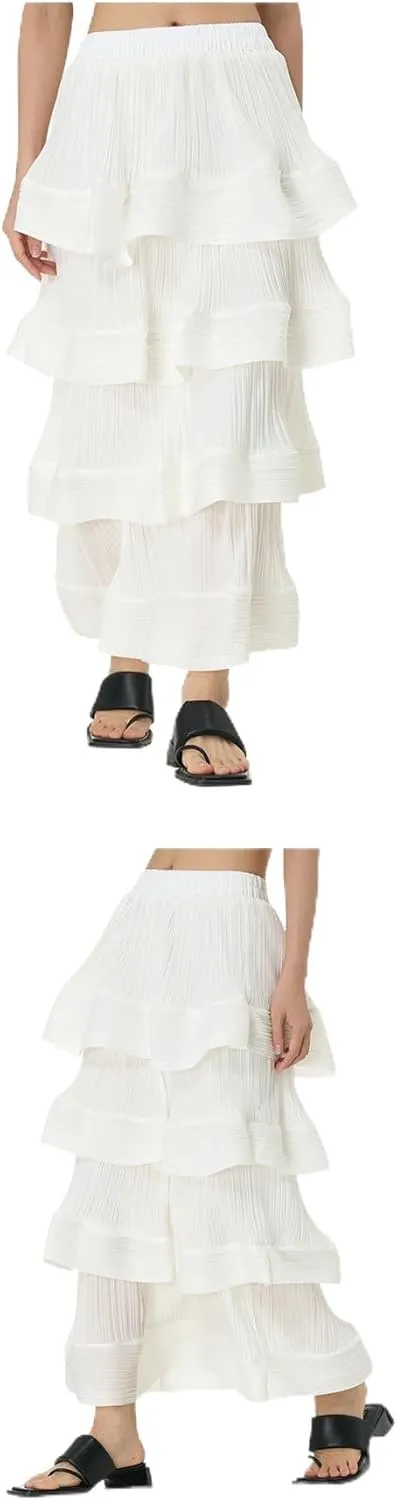 THLAI Womens Skirt Midi Elastic Waist Tiered Long Skirt Falbala Spring Summer Fall Skirt