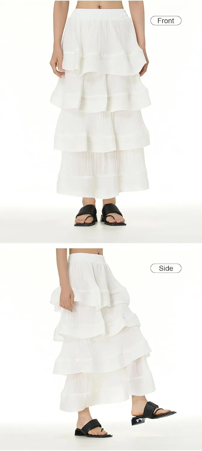 THLAI Womens Skirt Midi Elastic Waist Tiered Long Skirt Falbala Spring Summer Fall Skirt