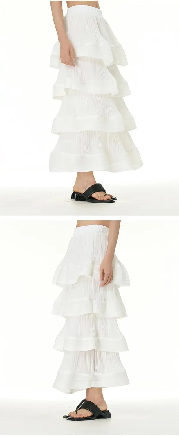 THLAI Womens Skirt Midi Elastic Waist Tiered Long Skirt Falbala Spring Summer Fall Skirt