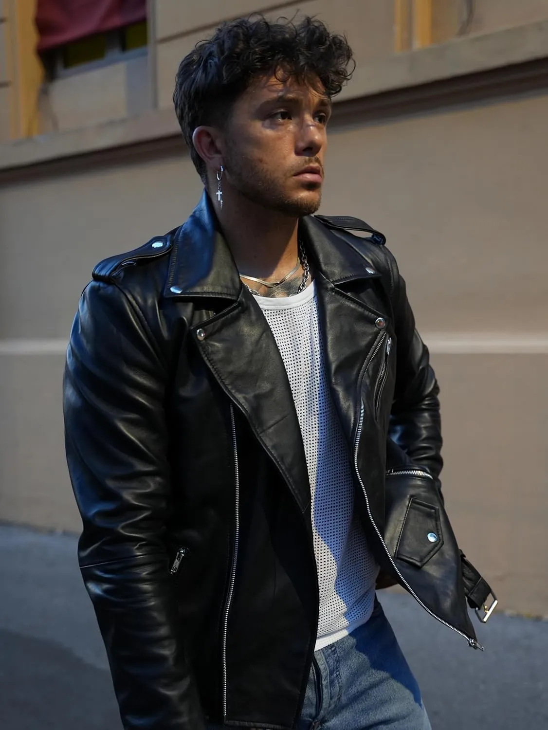 TLC leather biker jacket men - Black men's biker jacket with Notch Lapel Collar and Zipper Cuff