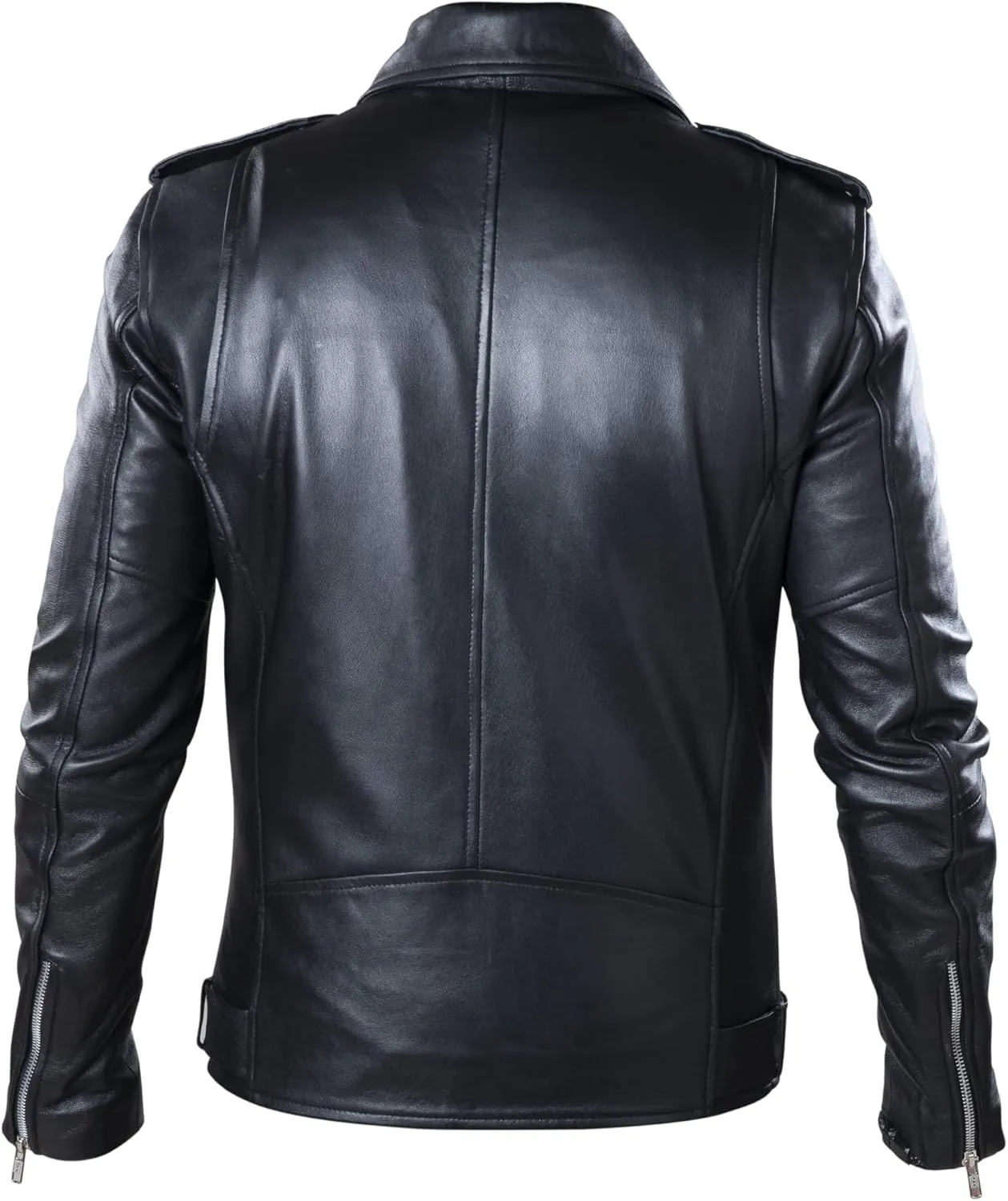 TLC leather biker jacket men - Black men's biker jacket with Notch Lapel Collar and Zipper Cuff