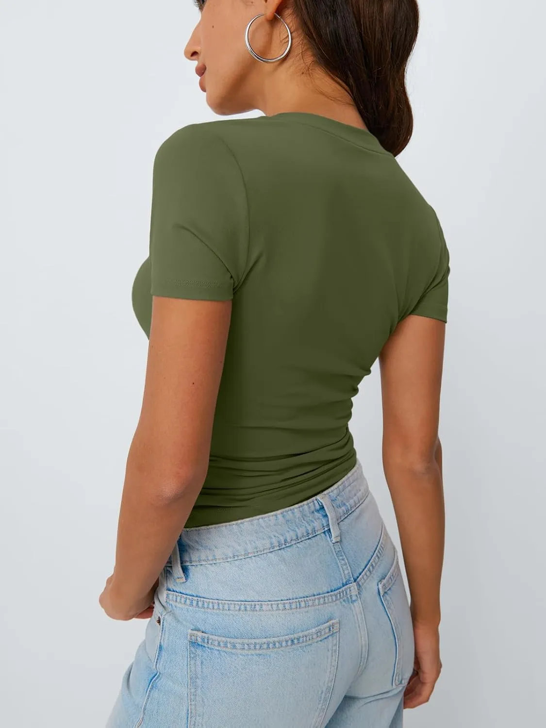 Trendy Queen Womens Basic V Neck Short Sleeve T Shirts Slim Fit Crop Y2k Tee 2025 Summer Cute Gym Fashion Clothes