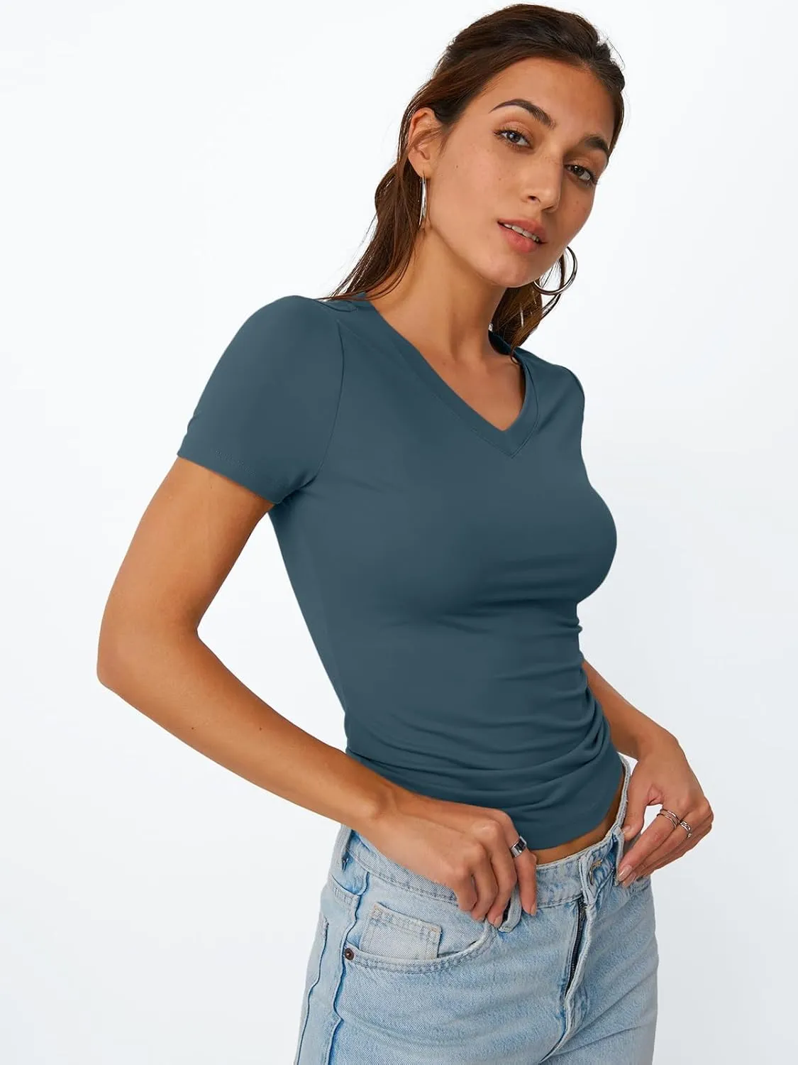 Trendy Queen Womens Basic V Neck Short Sleeve T Shirts Slim Fit Crop Y2k Tee 2025 Summer Cute Gym Fashion Clothes