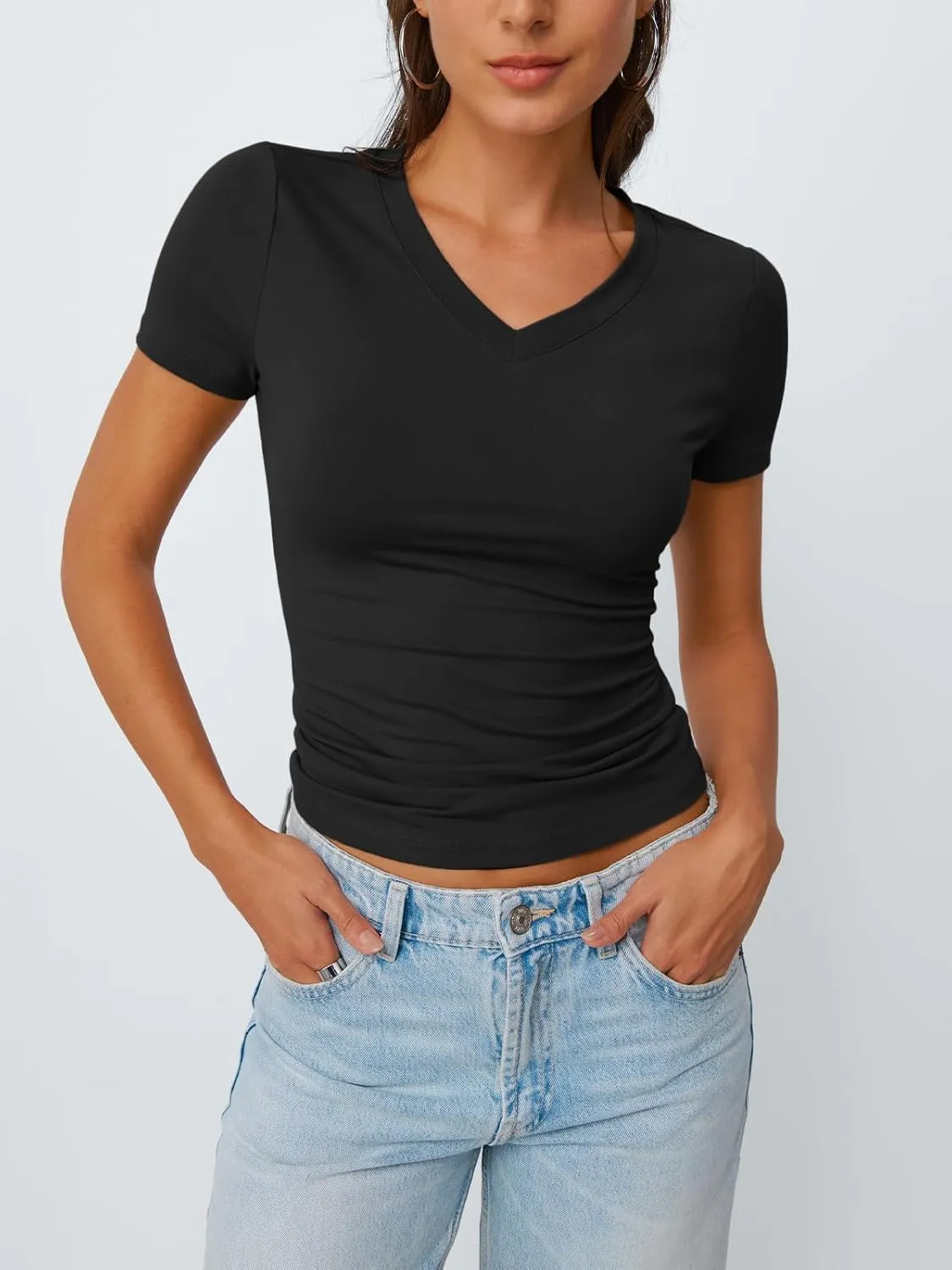 Trendy Queen Womens Basic V Neck Short Sleeve T Shirts Slim Fit Crop Y2k Tee 2025 Summer Cute Gym Fashion Clothes