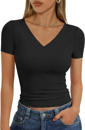 Trendy Queen Womens Basic V Neck Short Sleeve T Shirts Slim Fit Crop Y2k Tee 2025 Summer Cute Gym Fashion Clothes