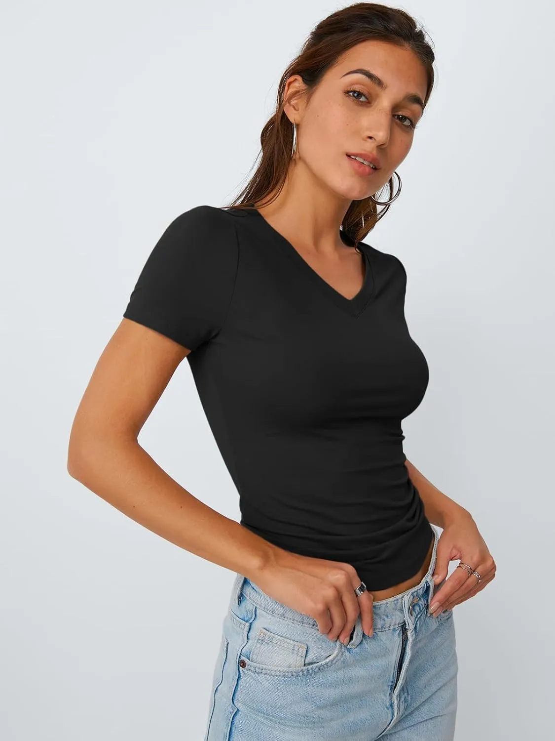 Trendy Queen Womens Basic V Neck Short Sleeve T Shirts Slim Fit Crop Y2k Tee 2025 Summer Cute Gym Fashion Clothes