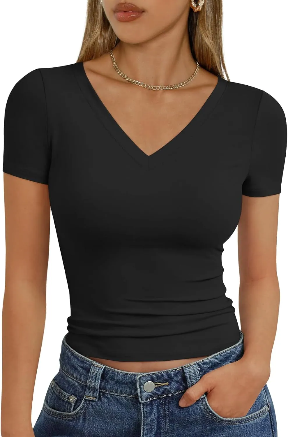 Trendy Queen Womens Basic V Neck Short Sleeve T Shirts Slim Fit Crop Y2k Tee 2025 Summer Cute Gym Fashion Clothes