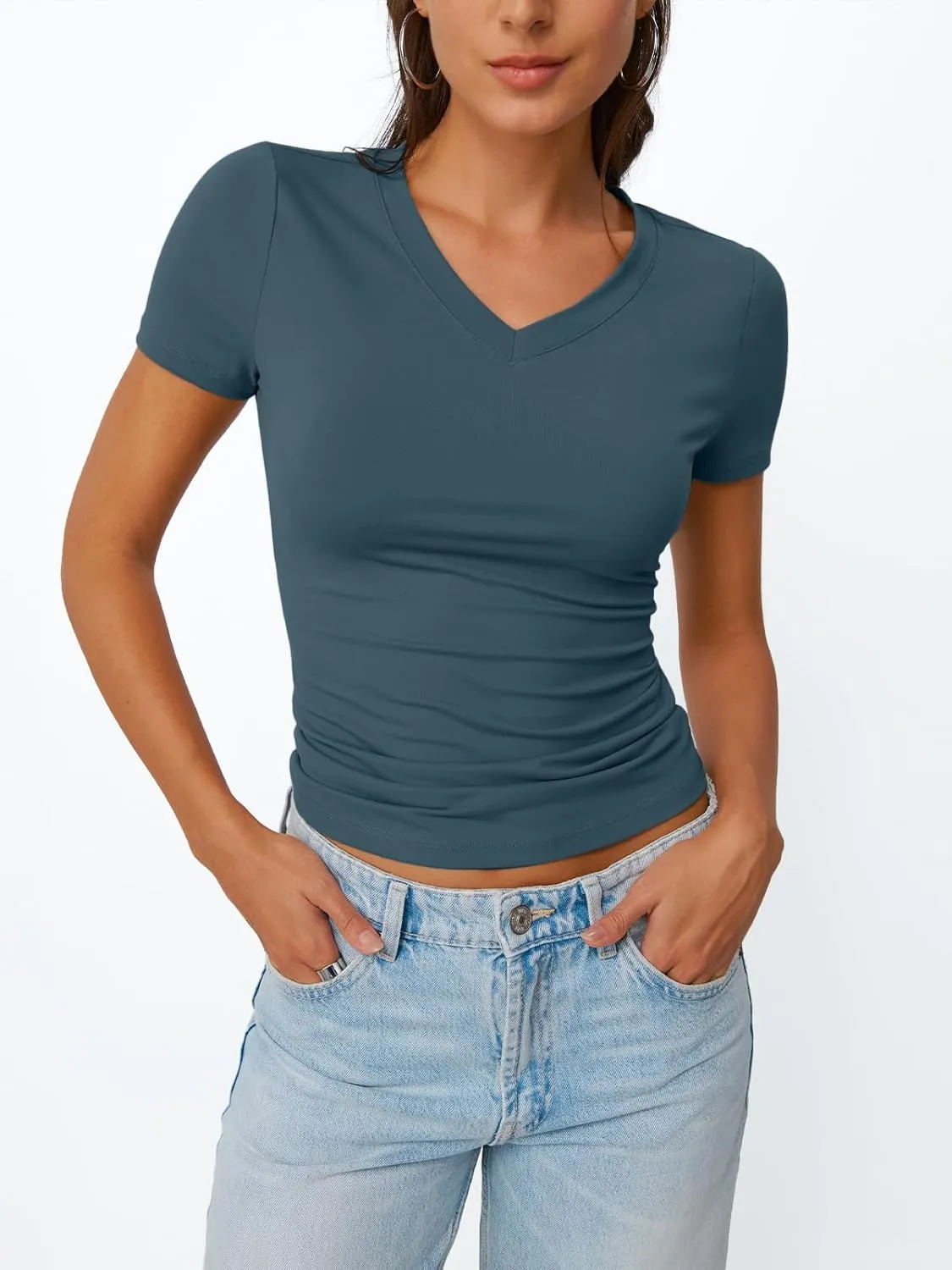 Trendy Queen Womens Basic V Neck Short Sleeve T Shirts Slim Fit Crop Y2k Tee 2025 Summer Cute Gym Fashion Clothes