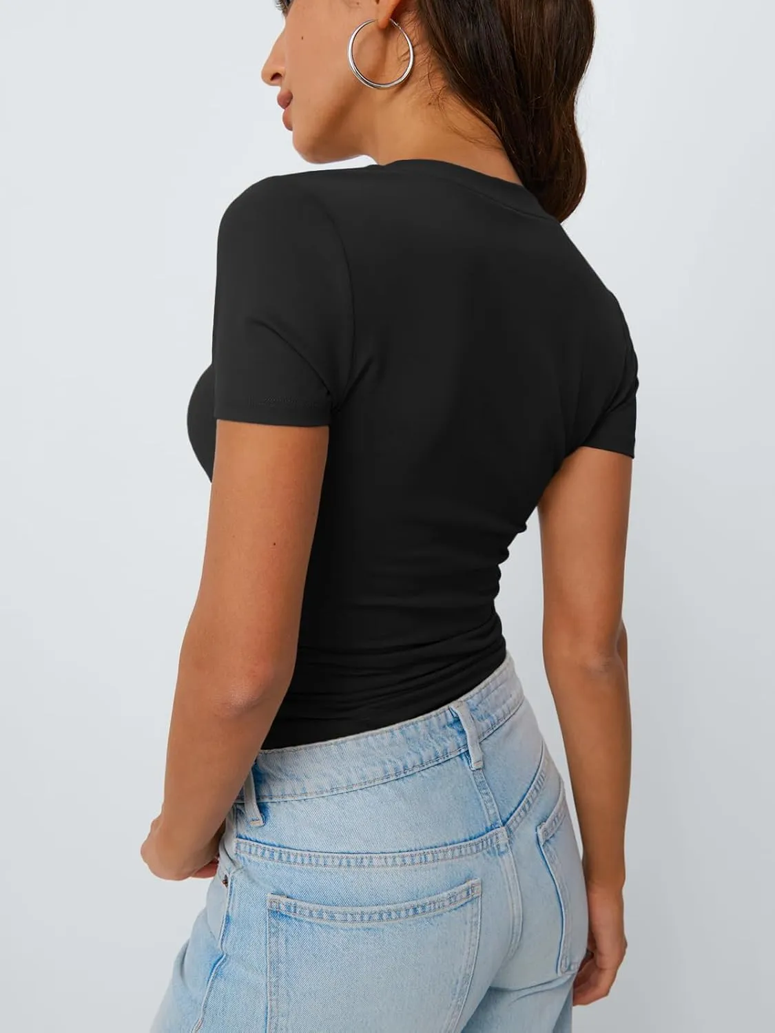 Trendy Queen Womens Basic V Neck Short Sleeve T Shirts Slim Fit Crop Y2k Tee 2025 Summer Cute Gym Fashion Clothes
