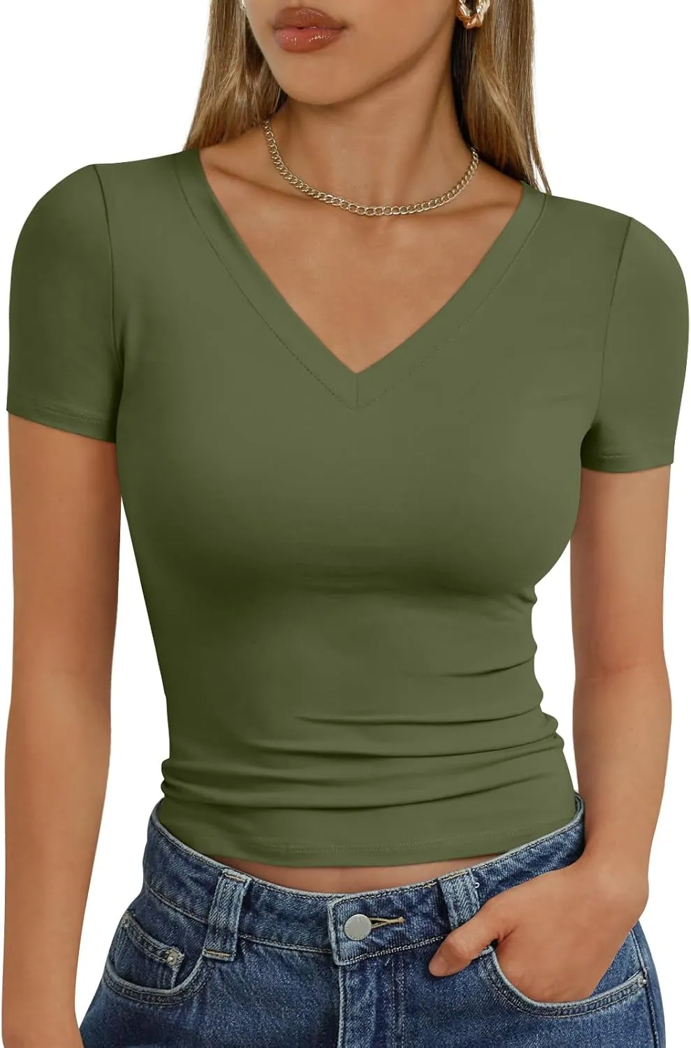 Trendy Queen Womens Basic V Neck Short Sleeve T Shirts Slim Fit Crop Y2k Tee 2025 Summer Cute Gym Fashion Clothes
