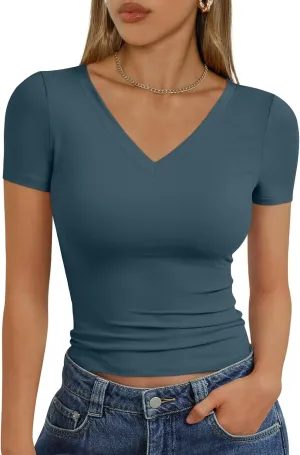 Trendy Queen Womens Basic V Neck Short Sleeve T Shirts Slim Fit Crop Y2k Tee 2025 Summer Cute Gym Fashion Clothes