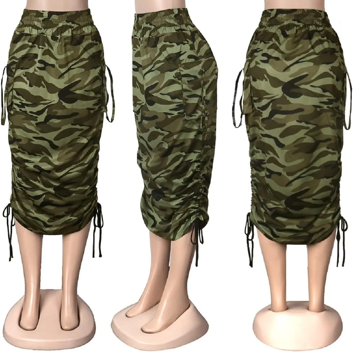 Vakkest Women's Camo Cargo Midi Skirt Elegant High Waist Vintage Dress Slit Front Ruffle Long Bodycon Maxi Skirts