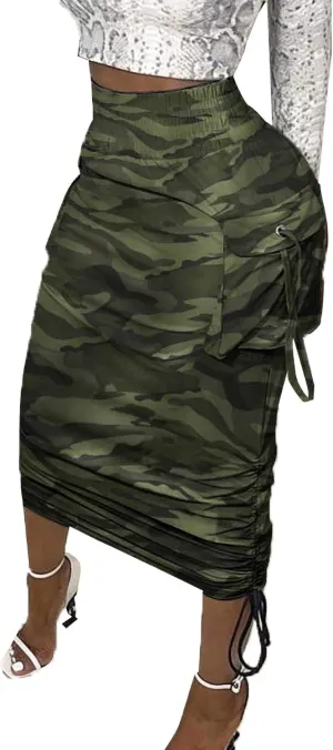 Vakkest Women's Camo Cargo Midi Skirt Elegant High Waist Vintage Dress Slit Front Ruffle Long Bodycon Maxi Skirts