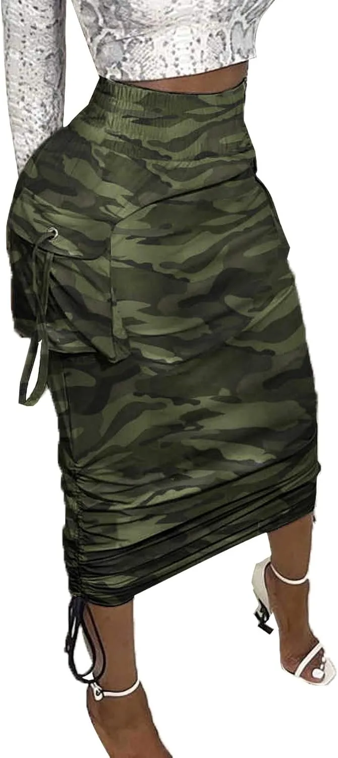 Vakkest Women's Camo Cargo Midi Skirt Elegant High Waist Vintage Dress Slit Front Ruffle Long Bodycon Maxi Skirts