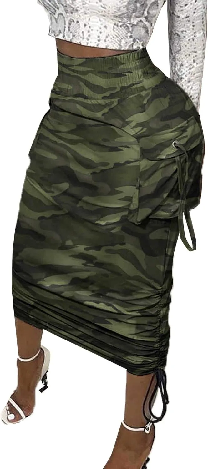 Vakkest Women's Camo Cargo Midi Skirt Elegant High Waist Vintage Dress Slit Front Ruffle Long Bodycon Maxi Skirts