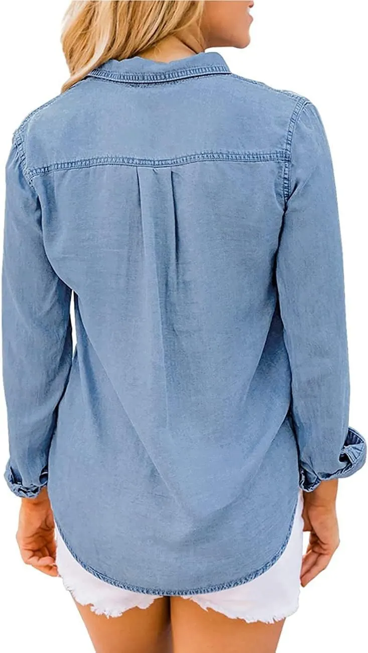 Vetinee Women's Button Down Denim Shirt Collared Casual Long Sleeve Pocket Tops