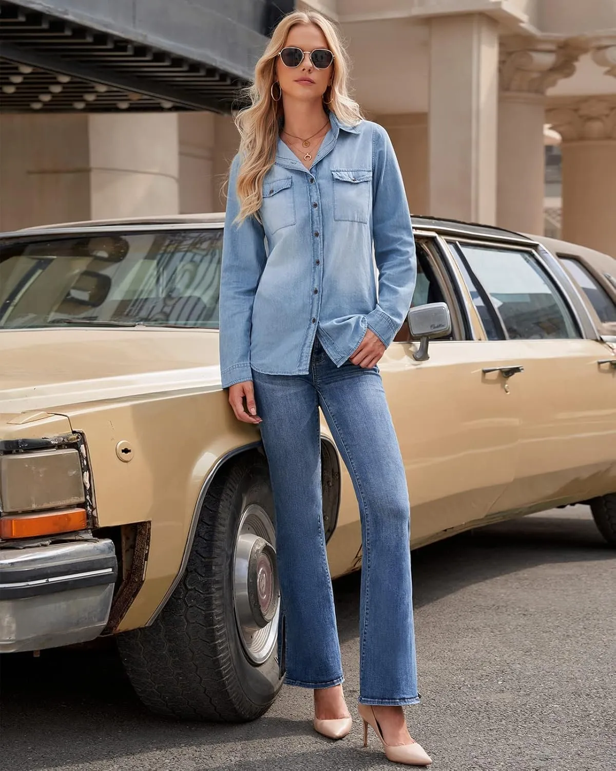 Vetinee Women's Button Down Denim Shirt Collared Casual Long Sleeve Pocket Tops
