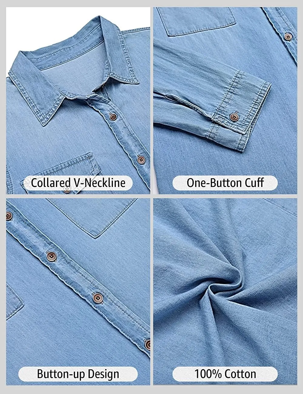 Vetinee Women's Button Down Denim Shirt Collared Casual Long Sleeve Pocket Tops