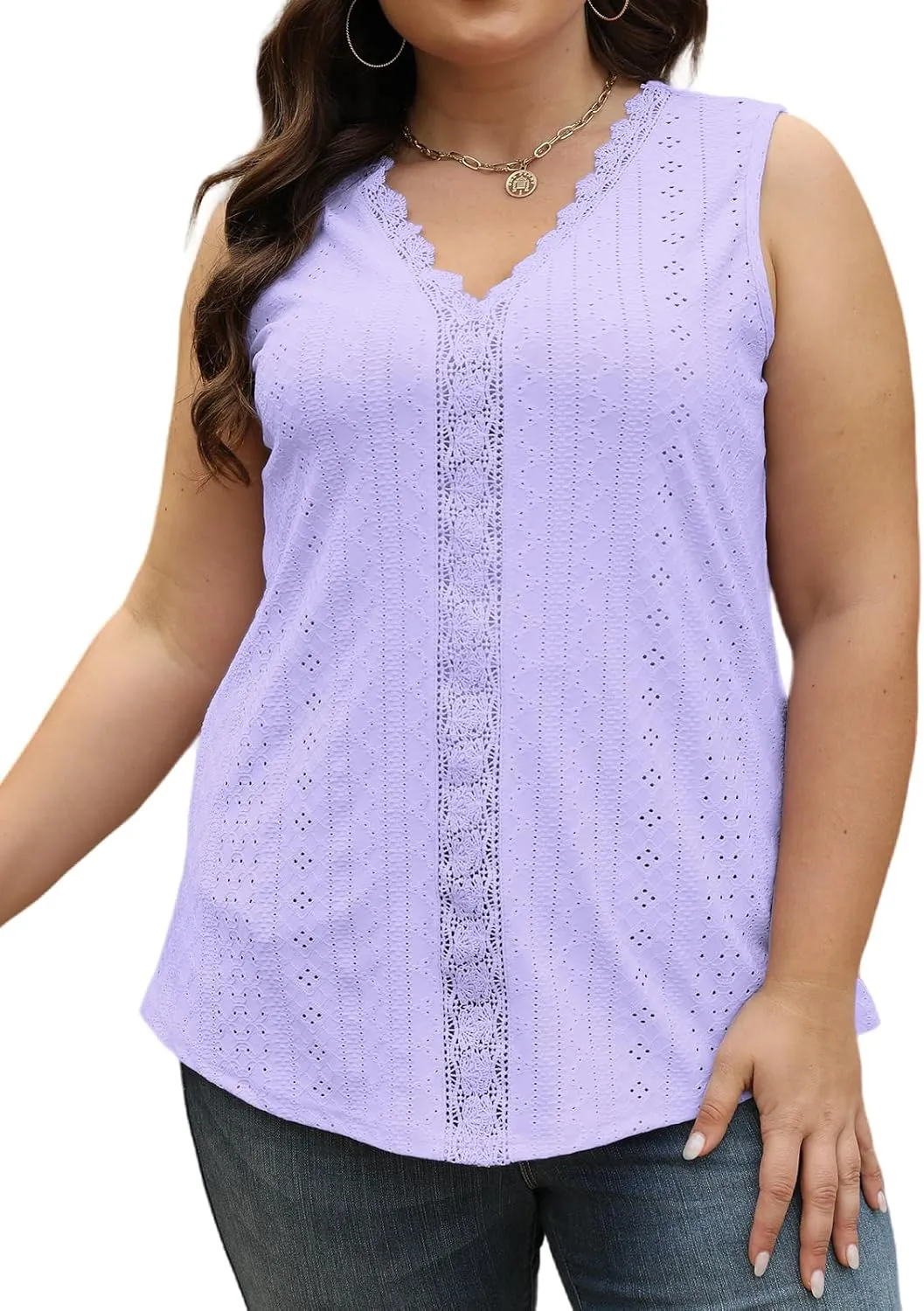 VISLILY Womens-Plus-Size-Summer-Tank-Tops 2025 Cute Lace V Neck T Shirts Casual Sleeveless Blouses Trendy Eyelet Tunics Tee