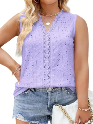 VISLILY Womens-Plus-Size-Summer-Tank-Tops 2025 Cute Lace V Neck T Shirts Casual Sleeveless Blouses Trendy Eyelet Tunics Tee