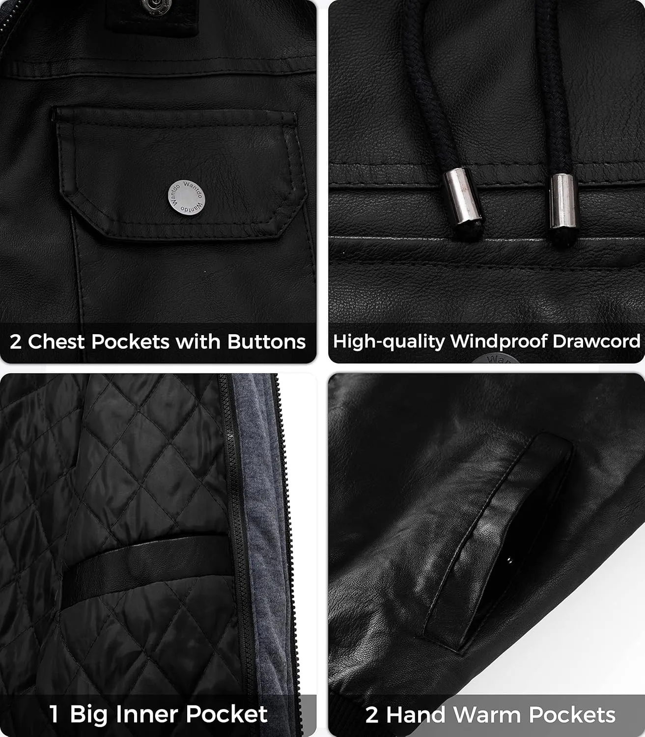 wantdo Men's Faux Leather Jacket Windproof Motorcycle Bomber Jacket Slim Fit Winter Coat with Removable Hood