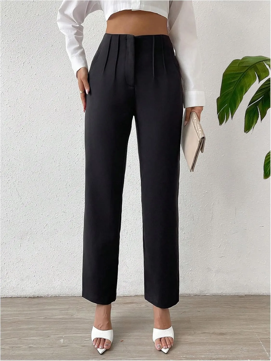 WDIRARA Women's High Waist Pleated Pants Straight Leg Business Office Trousers
