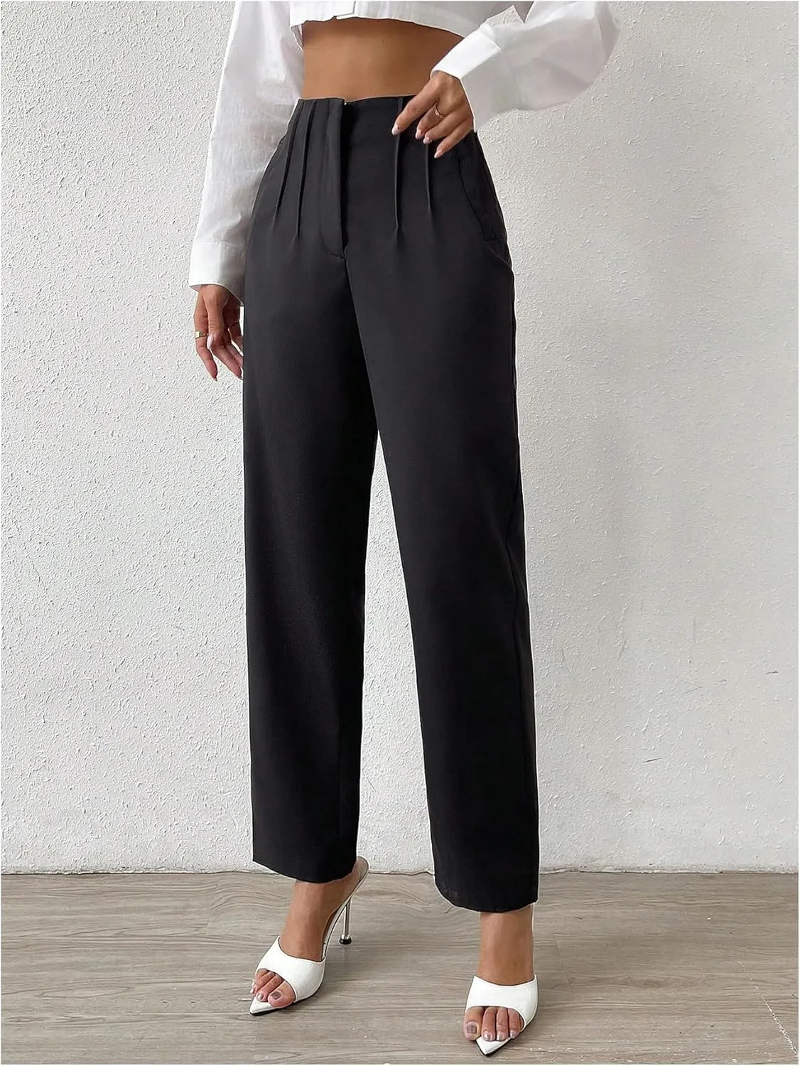 WDIRARA Women's High Waist Pleated Pants Straight Leg Business Office Trousers