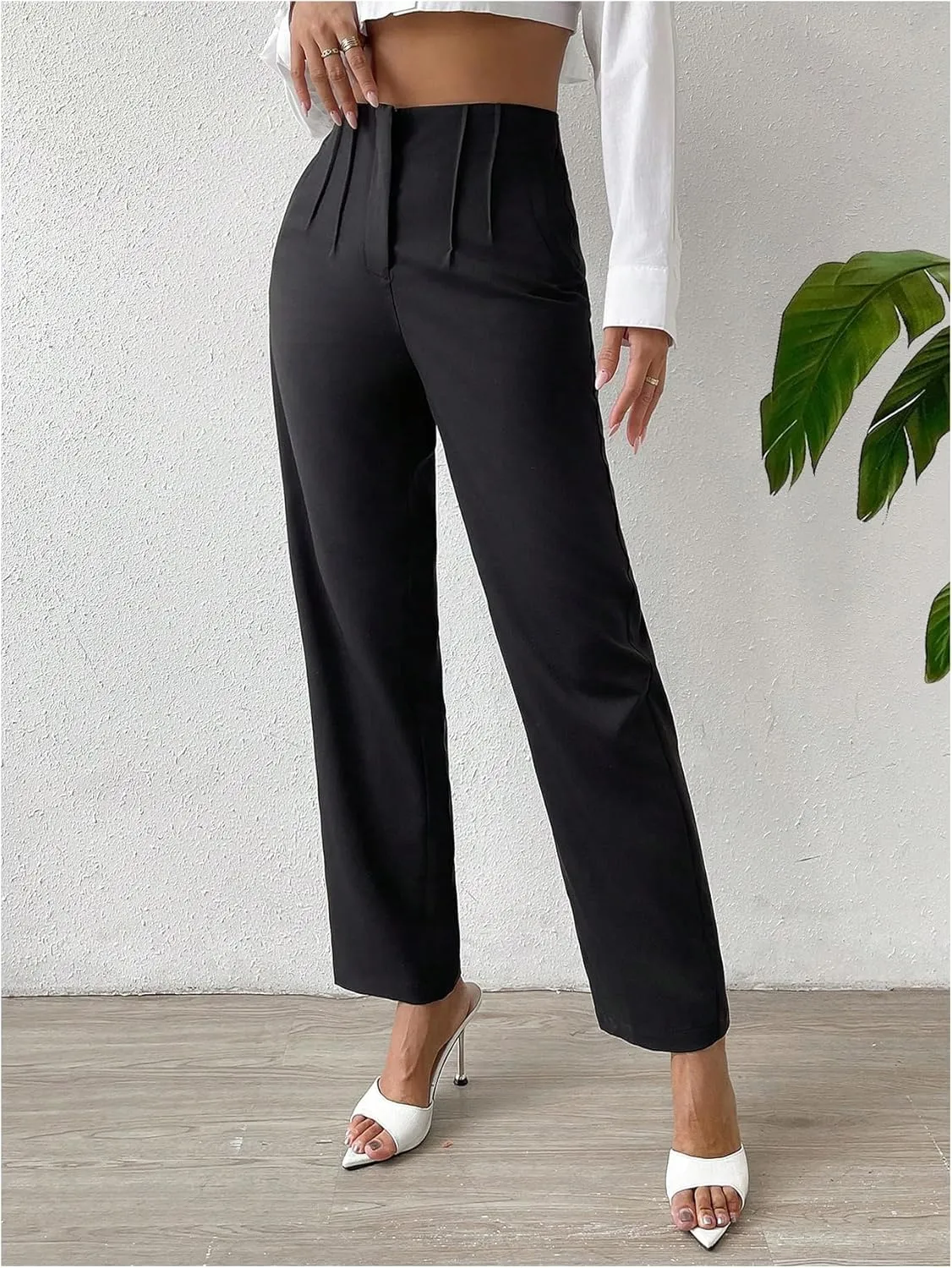 WDIRARA Women's High Waist Pleated Pants Straight Leg Business Office Trousers