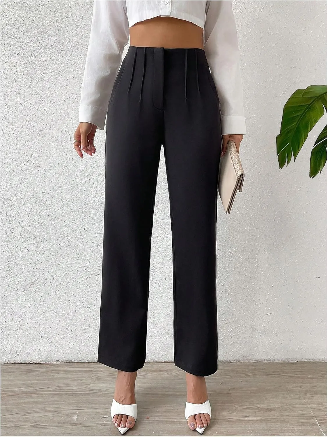 WDIRARA Women's High Waist Pleated Pants Straight Leg Business Office Trousers