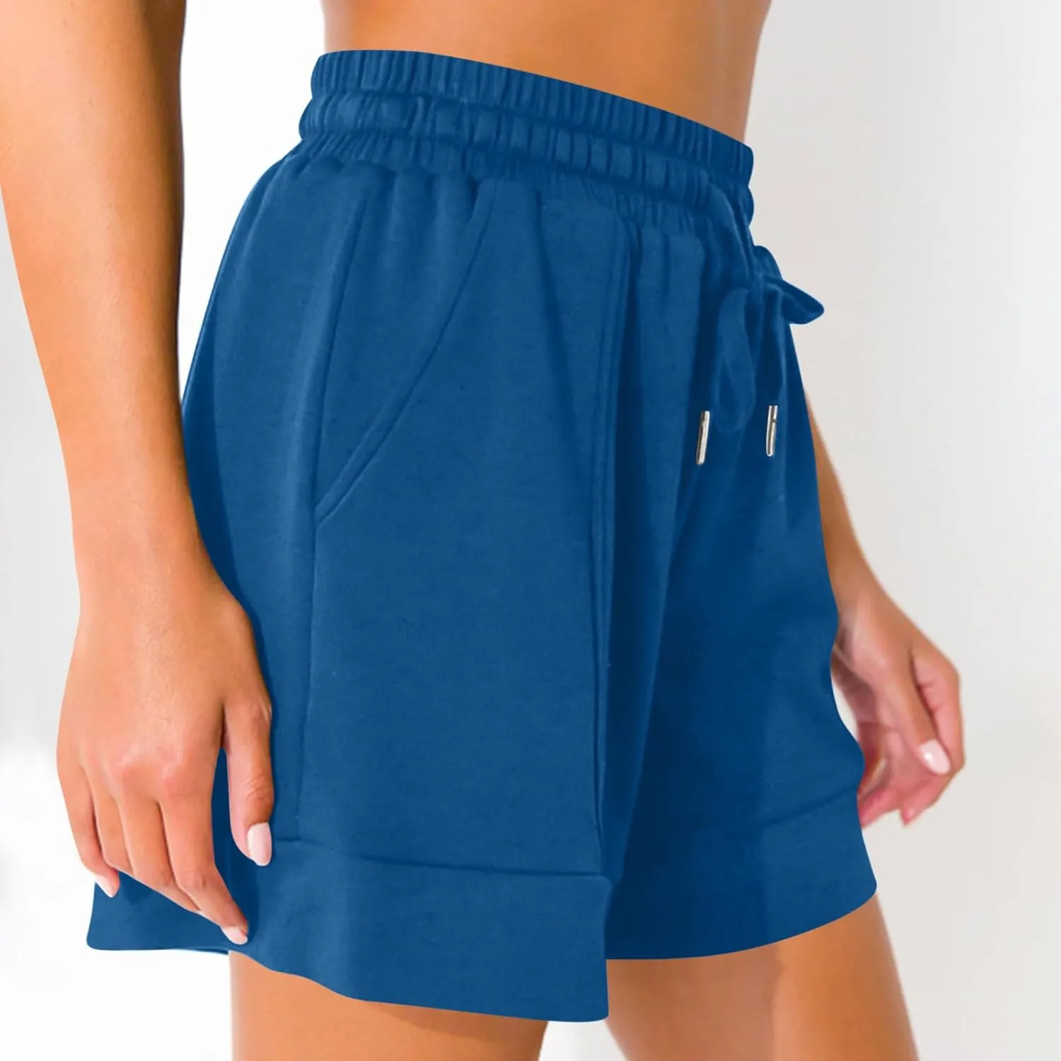 Women Athletic Shorts Casual Solid Stretchy High Waisted Fitness Short Gym Workout Running Shorts with Pockets