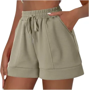 Women Athletic Shorts Casual Solid Stretchy High Waisted Fitness Short Gym Workout Running Shorts with Pockets