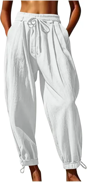 Women Baggy Draped Jogger Pants Summer Cotton Linen High Waisted Crop Tapered Pants Casual Drawstring Trousers with Pockets