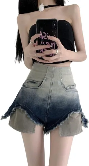 Women Casual Stretchy Jean Shorts High Waisted Frayed Hem Outside Pockets Summer Fashion Shorts