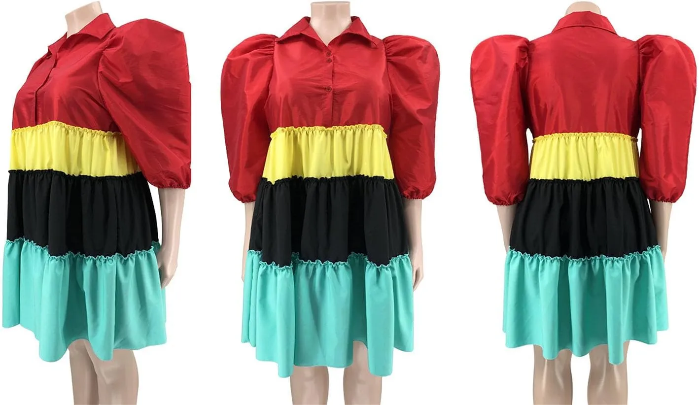 Women Color Block Plus Size Puff Sleeve Mini Shirt Dress Ruffle Hem Babydoll Swing Mini Dress African