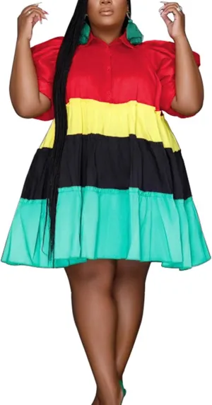 Women Color Block Plus Size Puff Sleeve Mini Shirt Dress Ruffle Hem Babydoll Swing Mini Dress African