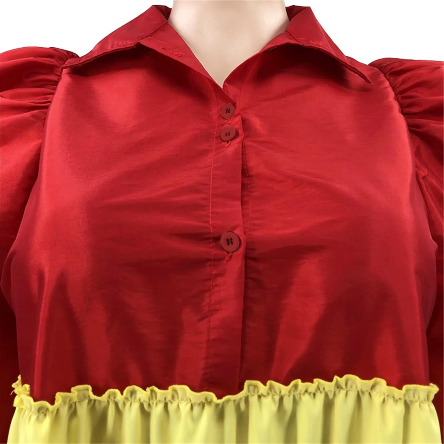 Women Color Block Plus Size Puff Sleeve Mini Shirt Dress Ruffle Hem Babydoll Swing Mini Dress African