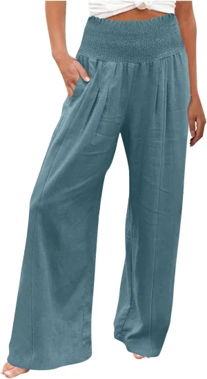 Women Cotton Linen Summer Fashion Palazzo Pants Elastic Waisted Stretchy Plus Size Palazzo Lounge Pants Beach