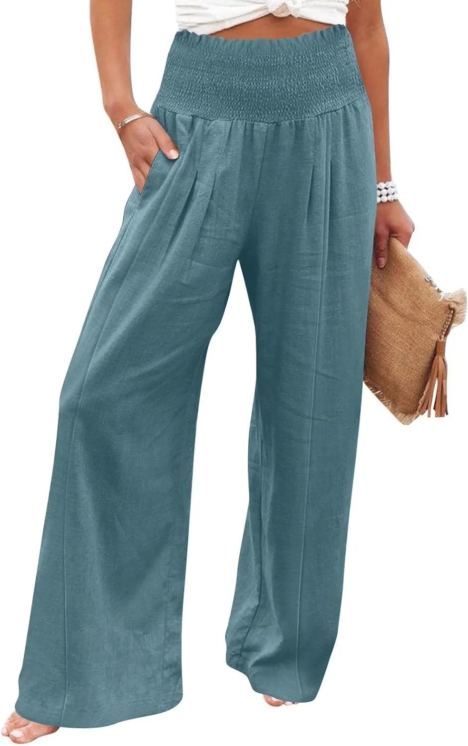 Women Cotton Linen Summer Fashion Palazzo Pants Elastic Waisted Stretchy Plus Size Palazzo Lounge Pants Beach