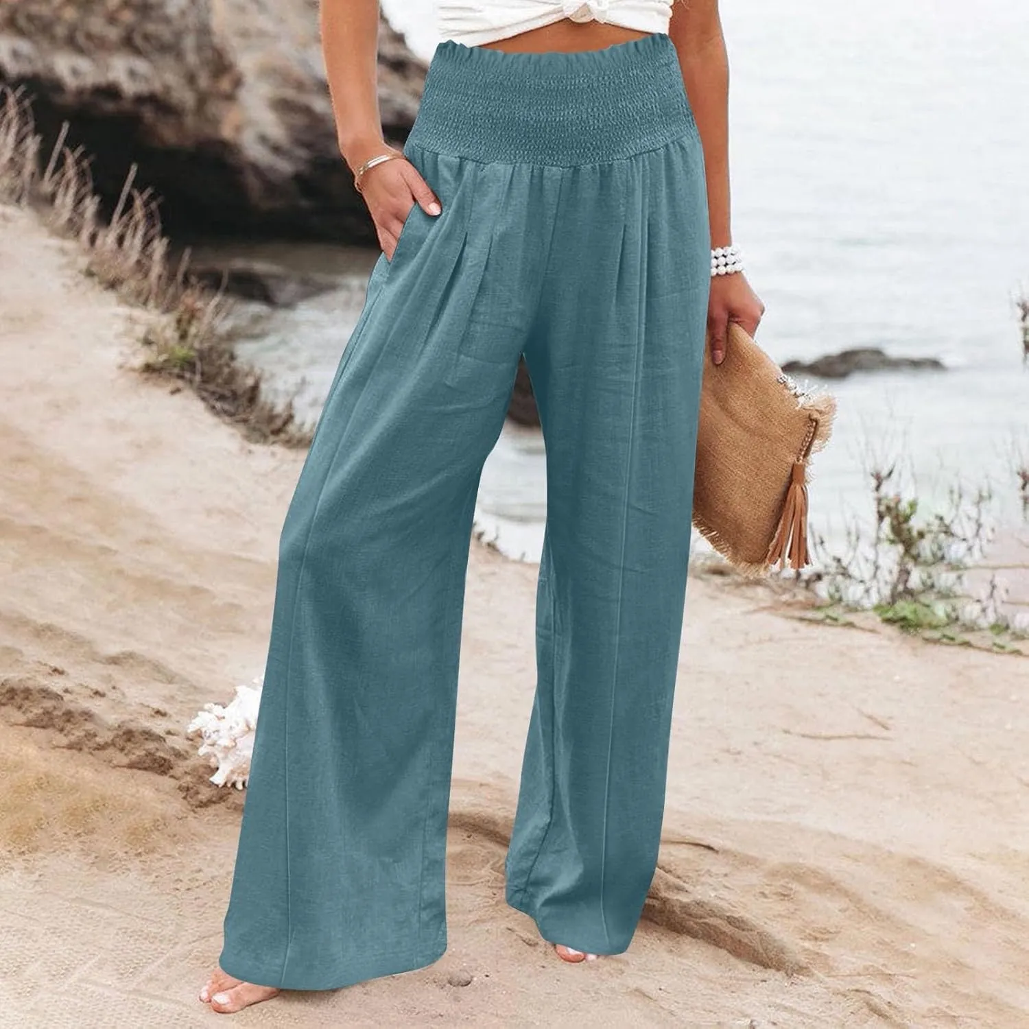 Women Cotton Linen Summer Fashion Palazzo Pants Elastic Waisted Stretchy Plus Size Palazzo Lounge Pants Beach