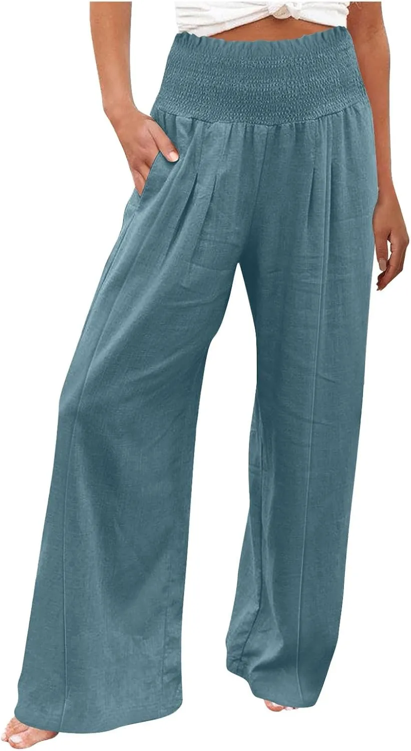 Women Cotton Linen Summer Fashion Palazzo Pants Elastic Waisted Stretchy Plus Size Palazzo Lounge Pants Beach