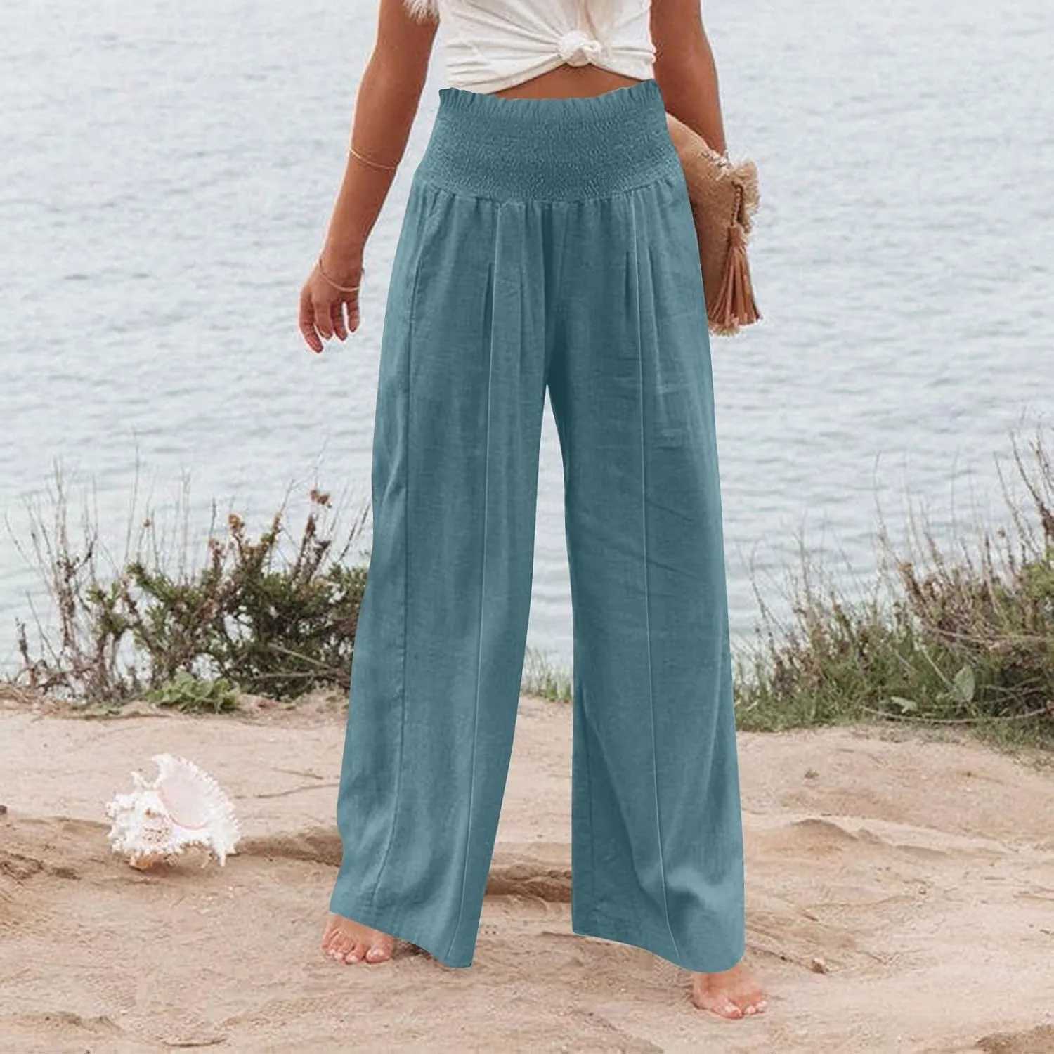 Women Cotton Linen Summer Fashion Palazzo Pants Elastic Waisted Stretchy Plus Size Palazzo Lounge Pants Beach