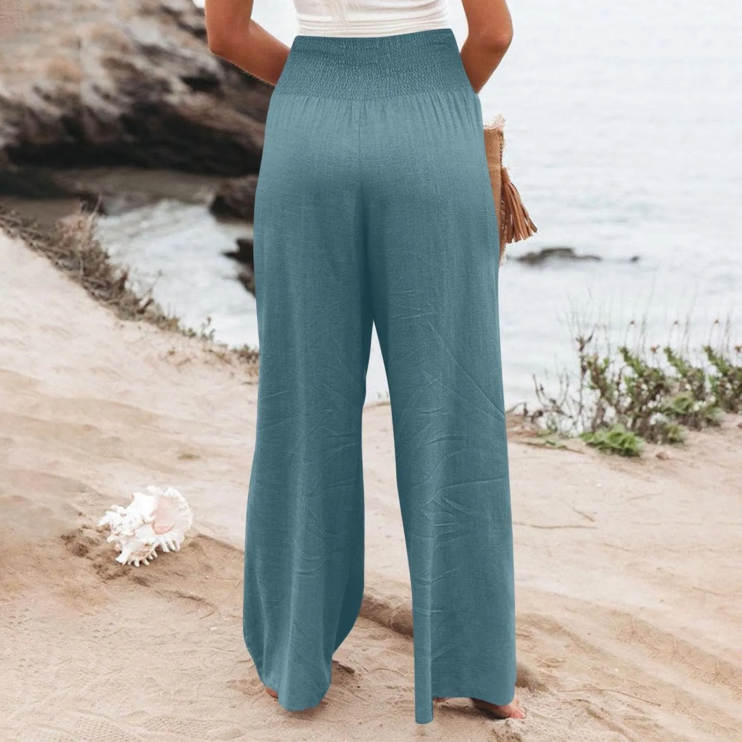 Women Cotton Linen Summer Fashion Palazzo Pants Elastic Waisted Stretchy Plus Size Palazzo Lounge Pants Beach