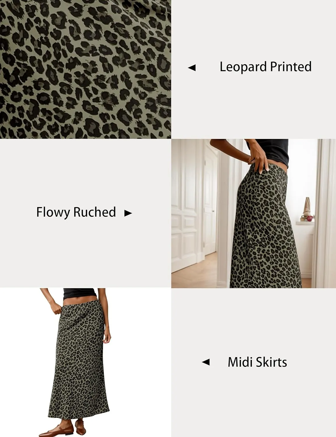 Women Leopard Printed Silk Satin Midi Skirts High Waist Elastic Waistband Sexy A Line Maxi Skirt