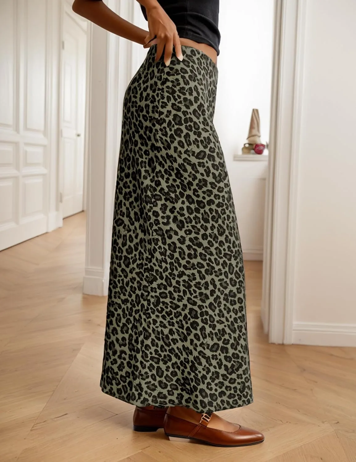 Women Leopard Printed Silk Satin Midi Skirts High Waist Elastic Waistband Sexy A Line Maxi Skirt