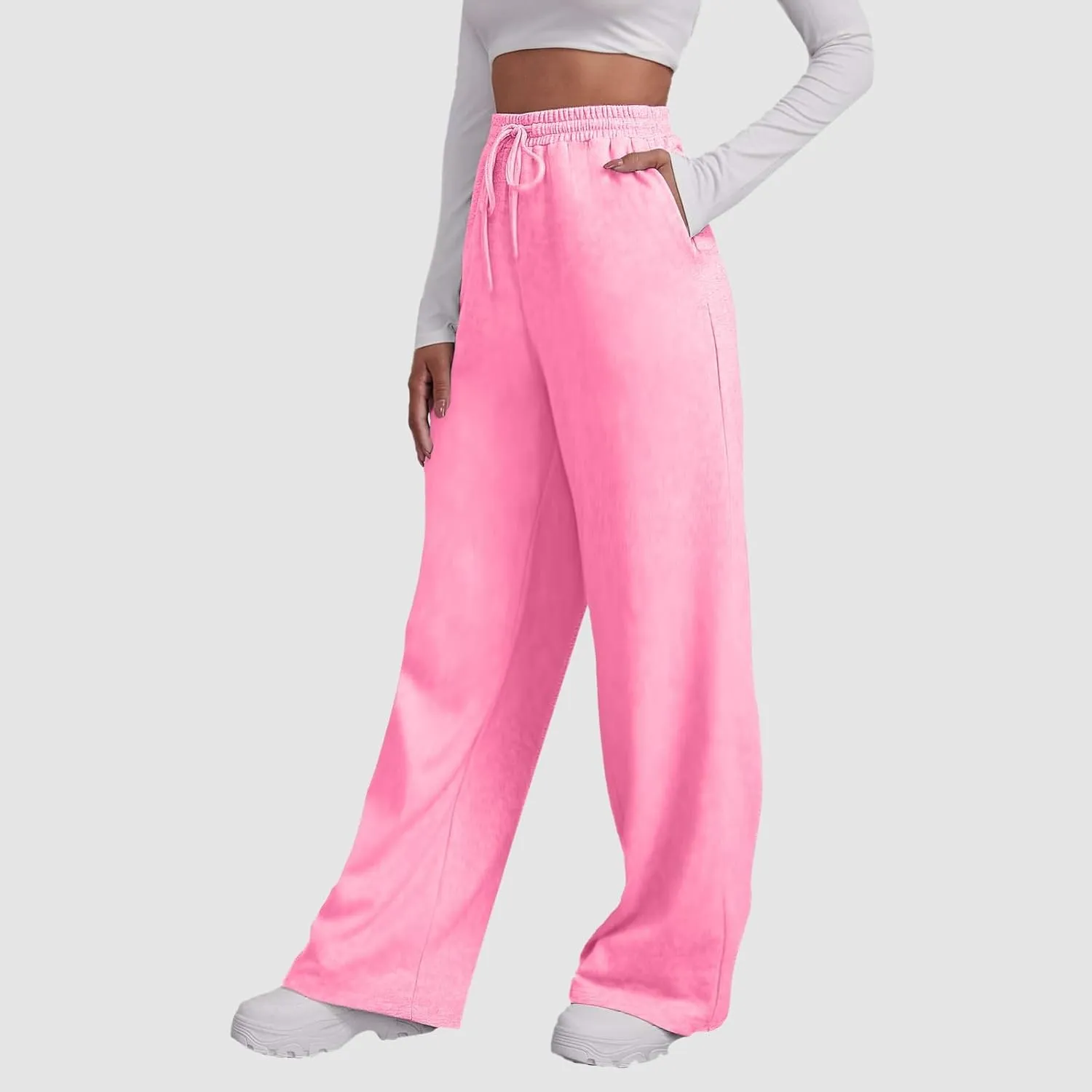 Women Linen Blend Summer Loose Flowy Palazzo Lounge Pants Elastic Waisted Wide Leg Plus Size Trousers Trendy