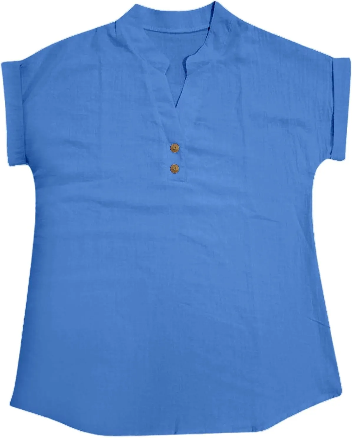Women Linen Shirts V Neck Buttons Blouse Floral Boho Lightweight Tee Tops Short Sleeve Loose Tunic Top