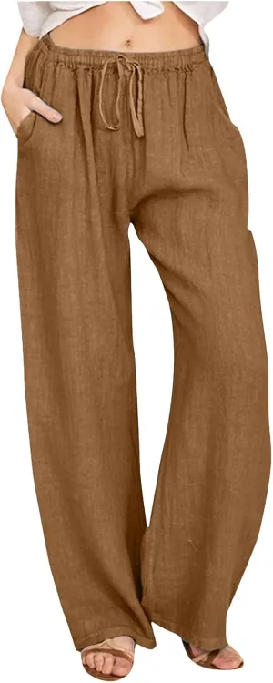 Women Linen Summer Floral Pants Low Waist Stretchy Plus Size Palazzo Lounge Pants Travel