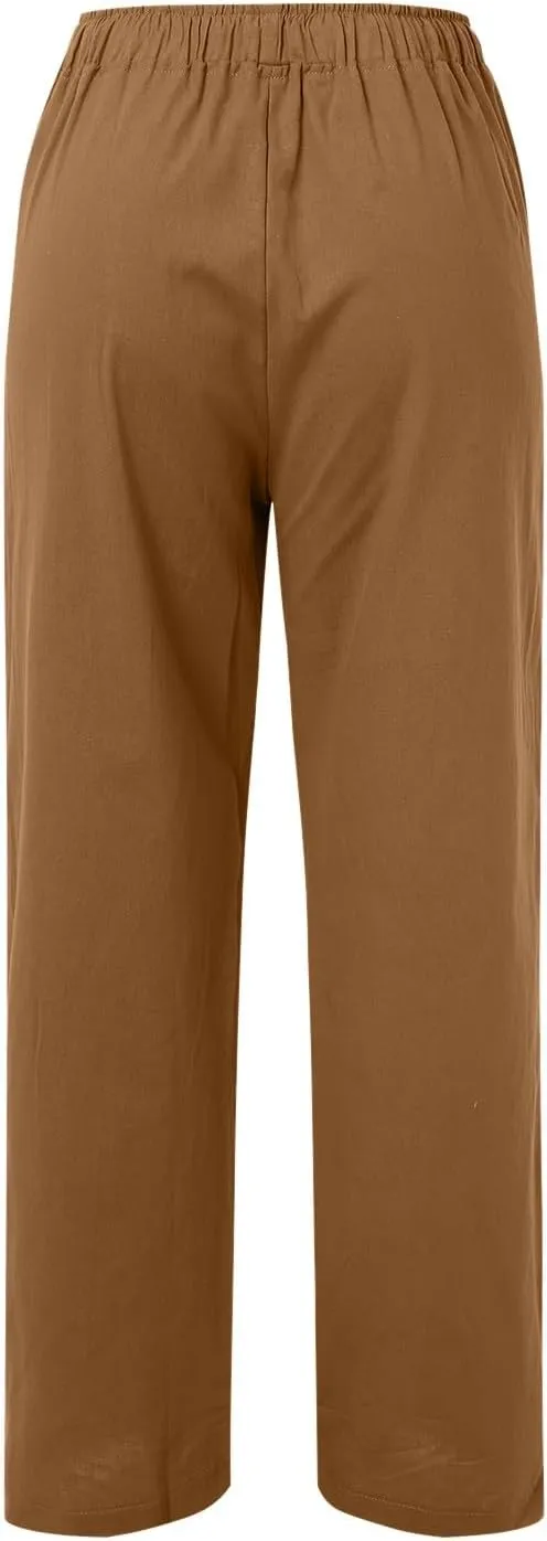 Women Linen Summer Floral Pants Low Waist Stretchy Plus Size Palazzo Lounge Pants Travel