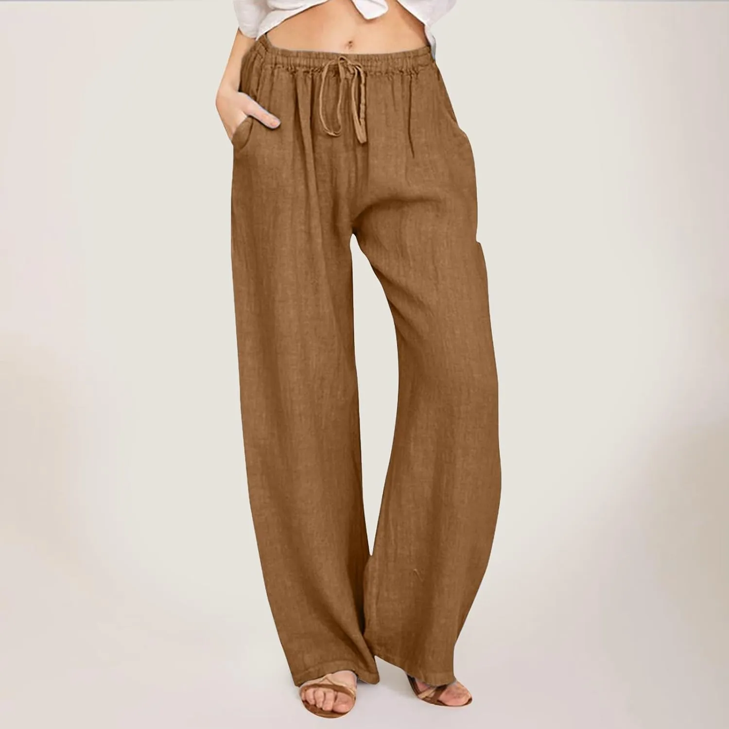 Women Linen Summer Floral Pants Low Waist Stretchy Plus Size Palazzo Lounge Pants Travel