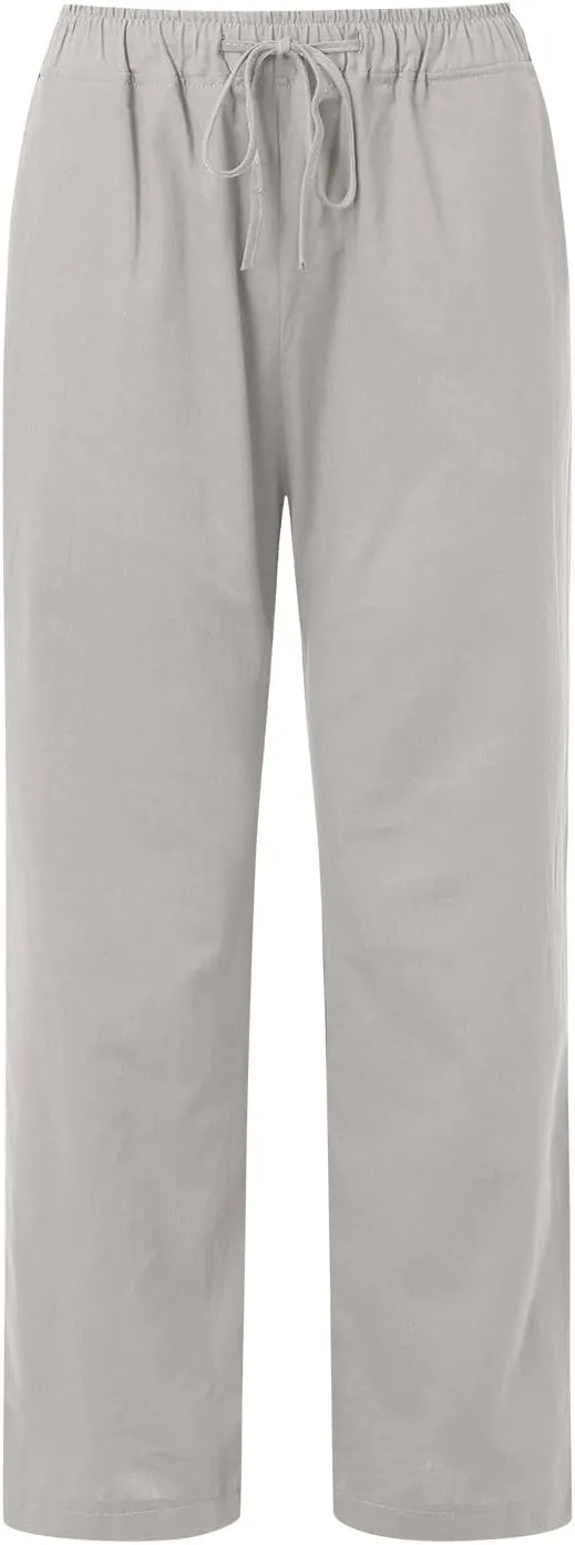 Women Linen Summer Palazzo Pant Flowy Wide Leg Boho Pants Elastic High Waist Pull On Trouser with Pocket